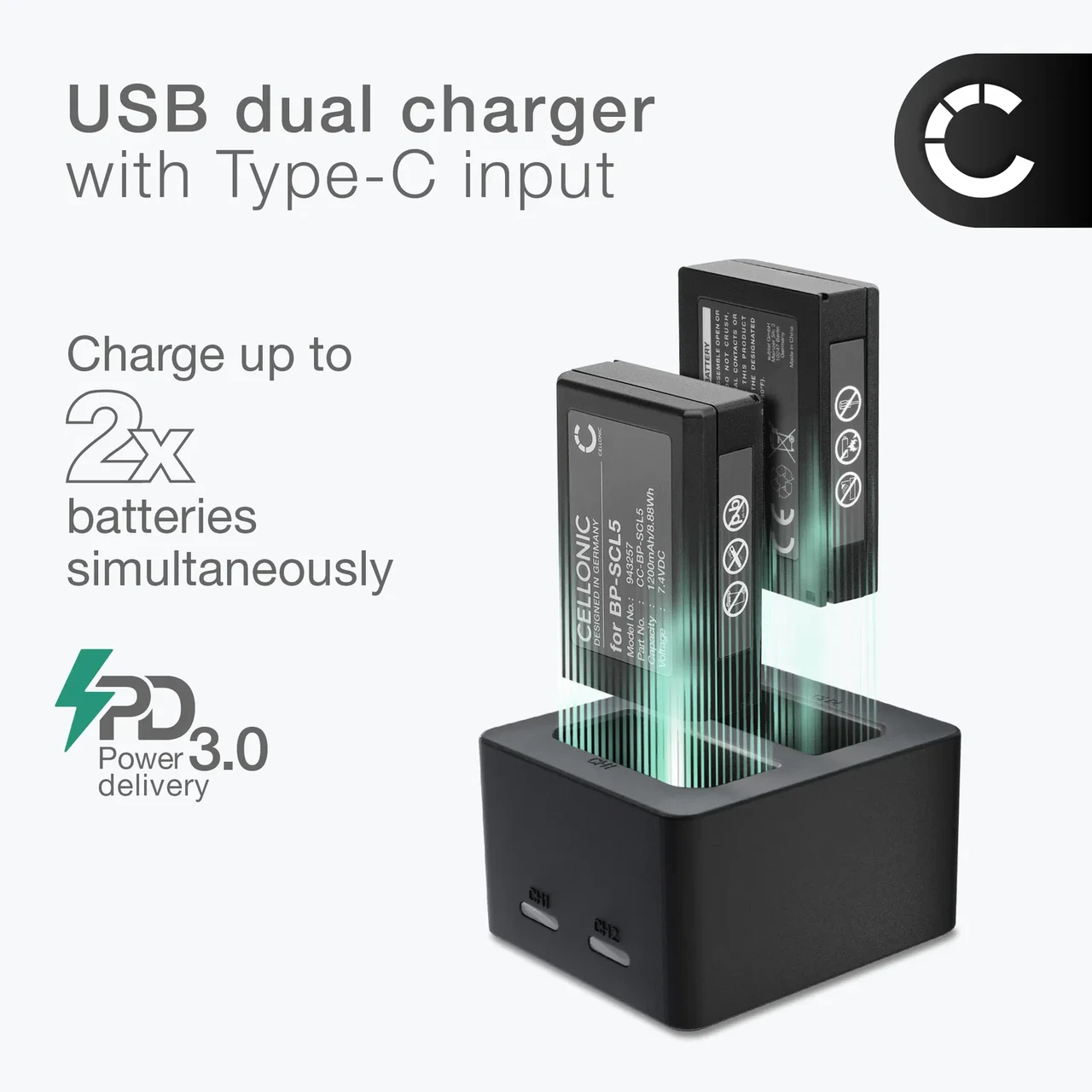 Зарядное устройство с USB - TYPE-C для 2-х аккумуляторов Leica BP-SCL5 (Leica 24003) для камер Leica M10, M10P, M10R