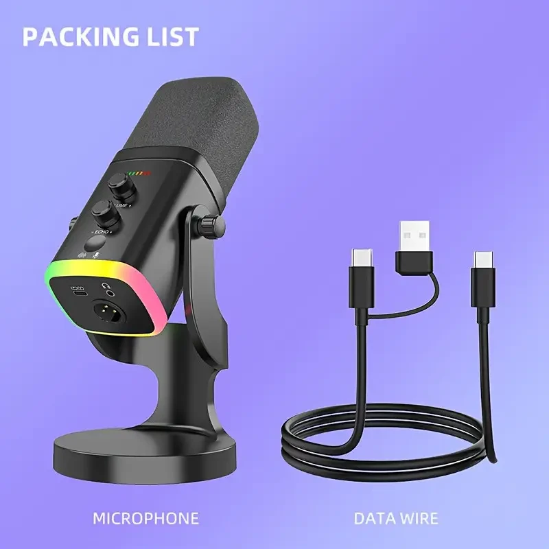 YU8 динамический игровой микрофон для ПК, USB/XLR с шумоподавлением и RGB игровых консолей и смарт-устройств, стриминга - черный