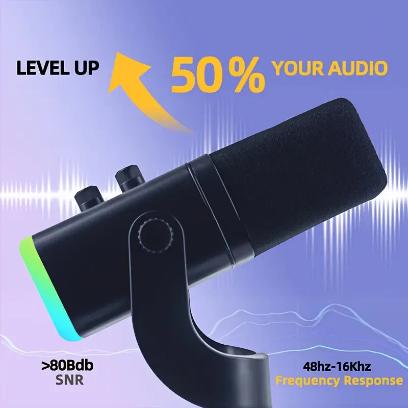 YU8 динамический игровой микрофон для ПК, USB/XLR с шумоподавлением и RGB игровых консолей и смарт-устройств, стриминга - черный