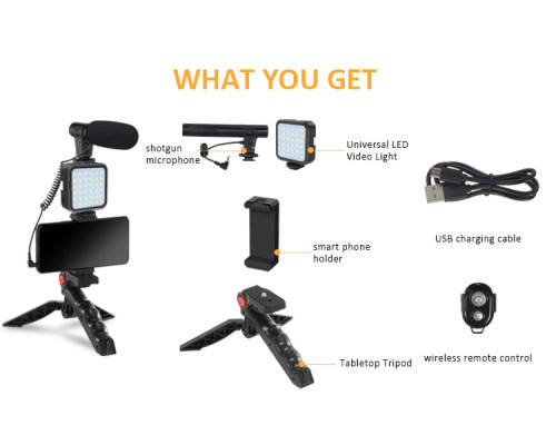 Набір для блогінгу Bakeey Vlogging KIT (KIT-01LM) (штатив+кріплення для телефону+мікрофон+LED світло+пульт)