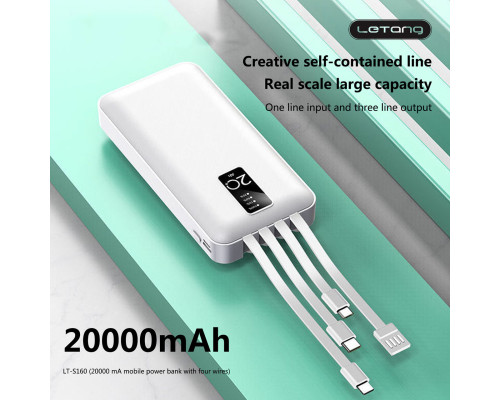 Повер банк (powerbank) Letang LT-S160 — 20000 ma, 2,1 A з вбудованими кабелями Micro-USB, Type C, USB-A X 2