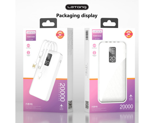 Повер банк (powerbank) Letang LT-S160 — 20000 ma, 2,1 A з вбудованими кабелями Micro-USB, Type C, USB-A X 2