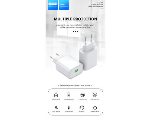 Сетевой адаптер Letang CT-47 - 1 х USB (Charge QС3.0 5V- 3A, 9V - 2A, 12V - 1.5A)
