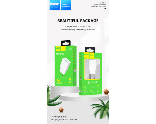 Сетевой адаптер Letang CT-47 - 1 х USB (Charge QС3.0 5V- 3A, 9V - 2A, 12V - 1.5A)