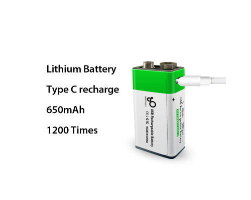 2 акумулятори типу Крона 6F22 (CR-9V) 9 Вольт (2 шт) — з роз'ємом TYPE-C Smartools 650 mAh + кабель TYPE-C