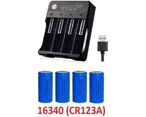 Комплект: зарядний 4-канальний з USB + 4 акумулятори CR123A, CR123, LR123A, 16340 (1200 mAh)