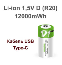 Акумулятор-батарею тип D (R20, 373) 1,5 В — з роз'ємом TYPE-C Smartools 12000 mwh + кабель TYPE-C