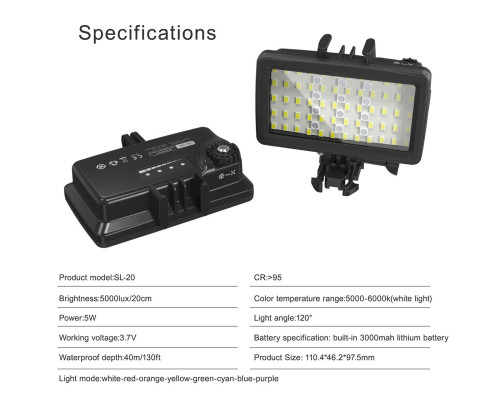 Лампа LED свет c RGB водонепроницаемая Andoer SL-20, LED подсветка для экшн-камер Xiaomi YI, SJCam, GoPRO
