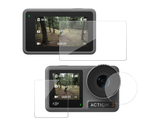 Защитное стекло для DJI OSMO Action 3, Action 4, Action 5 (на 2 дисплея и объектив)