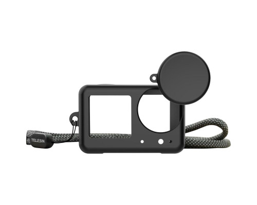 Силиконовый чехол, футляр с крышкой на объектив Telesin S6-PTC-011-TDJ для экшн камер DJI OSMO Action 3, 4, 5 с шнурком