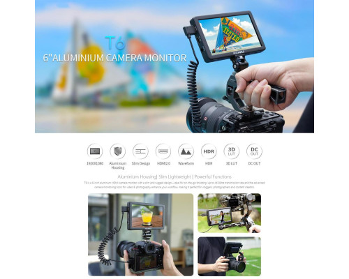 Накамерный монитор, дисплей FeelWorld 6" дюймовый T6, 450 cd/m2, HDMI 4K, 1920x1080 IPS - альминиевый корпус