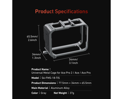 Крепление-адаптер (рамка) Telesin S6-FMS-18-TIS для Insta360 Ace, Insta360 Ace Pro, Insta360 Ace Pro 2 металлическая (алюминиевая)