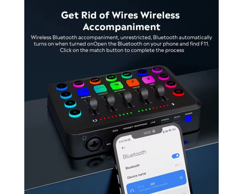 Внешняя звуковая карта F11 - 5 канальный микшер, аудиоинтерфейс, Bluetooth, адаптер Live Sound Card USB-гарнитура для микрофона