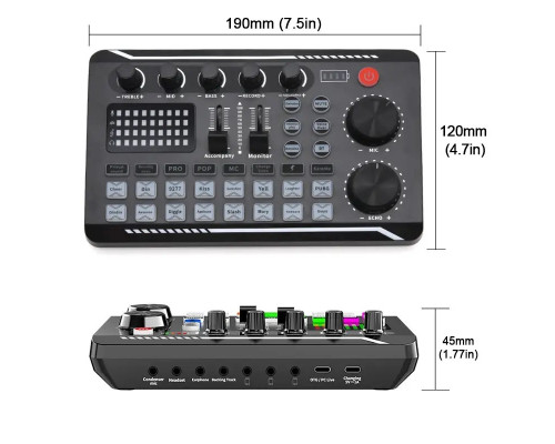 Внешняя звуковая карта F998, аудиоинтерфейс, микшер, Bluetooth адаптер Live Sound Card USB-гарнитура для микрофона Voice Changer