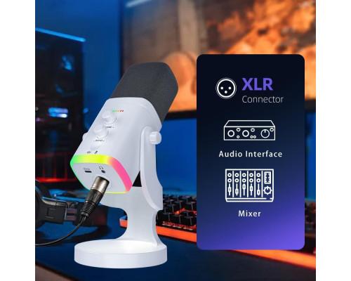 YU8 динамический игровой микрофон для ПК, USB/XLR с шумоподавлением и RGB игровых консолей и смарт-устройств, стриминга - белый