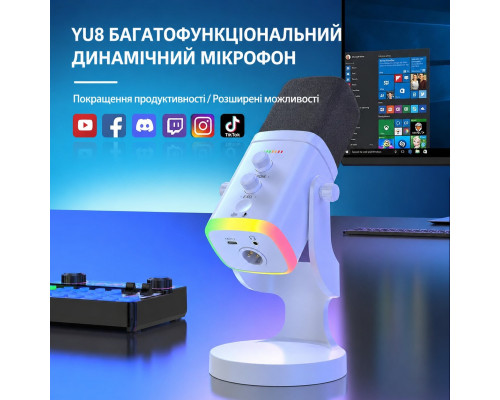 YU8 динамический игровой микрофон для ПК, USB/XLR с шумоподавлением и RGB игровых консолей и смарт-устройств, стриминга - белый